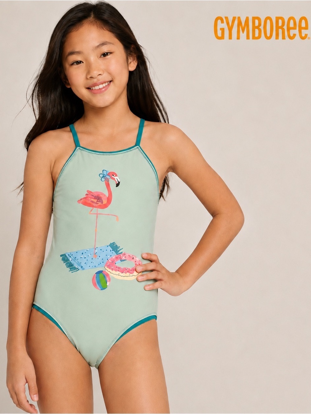 GYMBOREE Girls Flamingo Print one piece Swimsuit summer style  - blue /size S